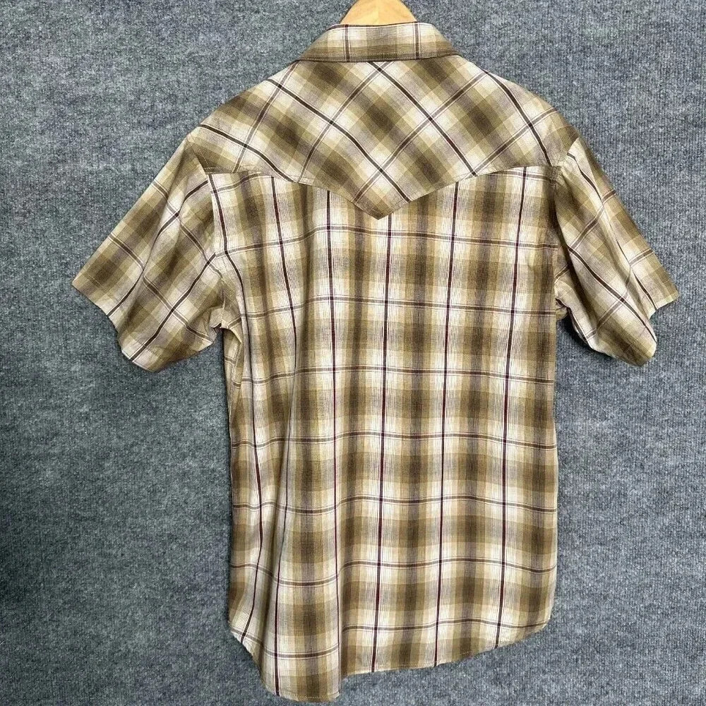 Western Plaid Shirt Mens Medium Tan Short Sleeve Pearl Snap Flap Pockets Cowboy - Picture 2 of 7